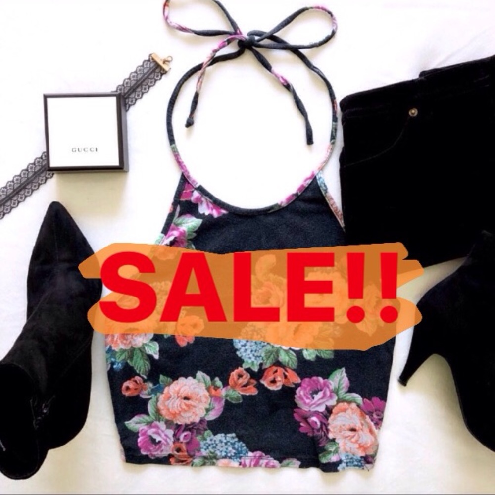 Self-Tie Black Floral Halter Crop Top